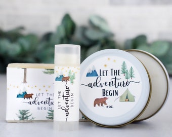 Let The Adventure Begin Baby shower party favors announcement small gifts for guests ideas themes game prizes soap chapstick candle boy girl