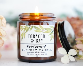 Tobacco and Bay 4oz Soy Candle - Aromatherapy candle, farmhouse decor, bathroom decor, housewarming gift idea