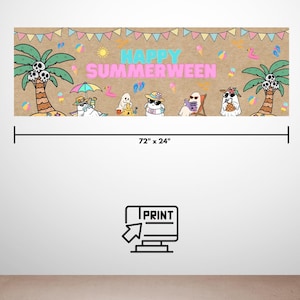 May include: A rectangular banner measuring 72 inches by 24 inches with a tan background featuring the text HAPPY SUMMERWEEN in blue and pink. The design includes colorful bunting, palm trees with skulls, and ghosts wearing sunglasses.