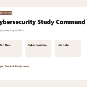 May include: A digital download interface titled Cybersecurity Study Command Center for cybersecurity students. It features three rectangular buttons labeled Start Here, Cyber Roadmap, and Lab Notes, with the text Simple. Practical. Ready to use.