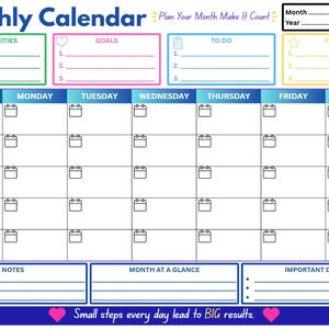 Op de afbeelding: Een maandelijkse kalenderplanner met secties voor prioriteiten, doelen, taken en focus. Het raster bevat de dagen van de week met kleine kalenderpictogrammen. De onderste secties bevatten notities en belangrijke data met de tekst: Small steps every day lead to BIG results.