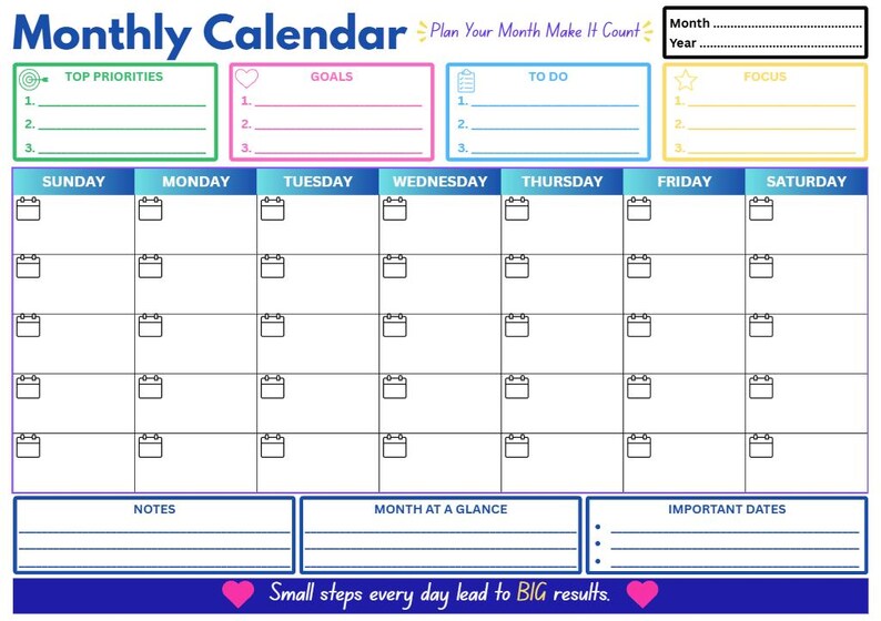Op de afbeelding: Een maandelijkse kalenderplanner met secties voor prioriteiten, doelen, taken en focus. Het raster bevat de dagen van de week met kleine kalenderpictogrammen. De onderste secties bevatten notities en belangrijke data met de tekst: Small steps every day lead to BIG results.