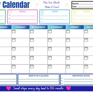 Op de afbeelding: Een maandelijkse kalenderplanner met een raster voor de dagen van de week, secties voor prioriteiten, doelen, to-do lijsten en focus. Het bevat velden voor maand en jaar, een notitiesectie en de tekst: Small steps every day lead to BIG results.