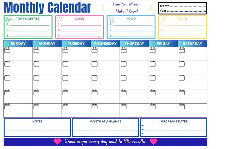 Op de afbeelding: Een maandelijkse kalenderplanner met een raster voor de dagen van de week, secties voor prioriteiten, doelen, to-do lijsten en focus. Het bevat velden voor maand en jaar, een notitiesectie en de tekst: Small steps every day lead to BIG results.