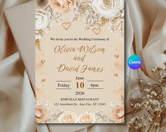 Gold Luxury Floral Wedding Invitation Template (Canva Editable, 5x7 inch, Digital Download)