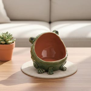 Peut inclure: Un bol en céramique en forme de grenouille, vert à l'extérieur et brun rougeâtre à l'intérieur. Il repose sur un dessous de verre beige sur une table en bois. Une petite plante succulente en pot est à gauche.