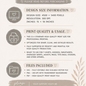 May include: A beige digital print with information on design size, print quality, and file types. The design size is 38 x 46 cm. The image includes the text "important information" and "truthandtidedesigns".