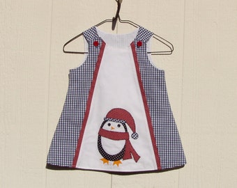 Navy Blue Gingham A Line Dress with Penguin Applique Size 12 Months