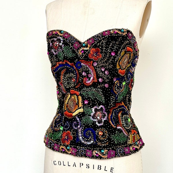 Vintage Oleg Cassini Silk Beaded and Embroidered Bustier Top | 34B