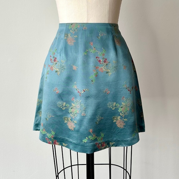 Vintage Blue Satin Floral Mini Skirt |