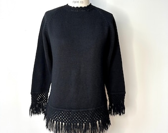 Vintage 1960s Black Wool Fringed Sweater | Small
