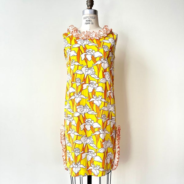 Vintage 1960s Iris Print Mini Dress with Ruffle Trim and Side Slits | Small