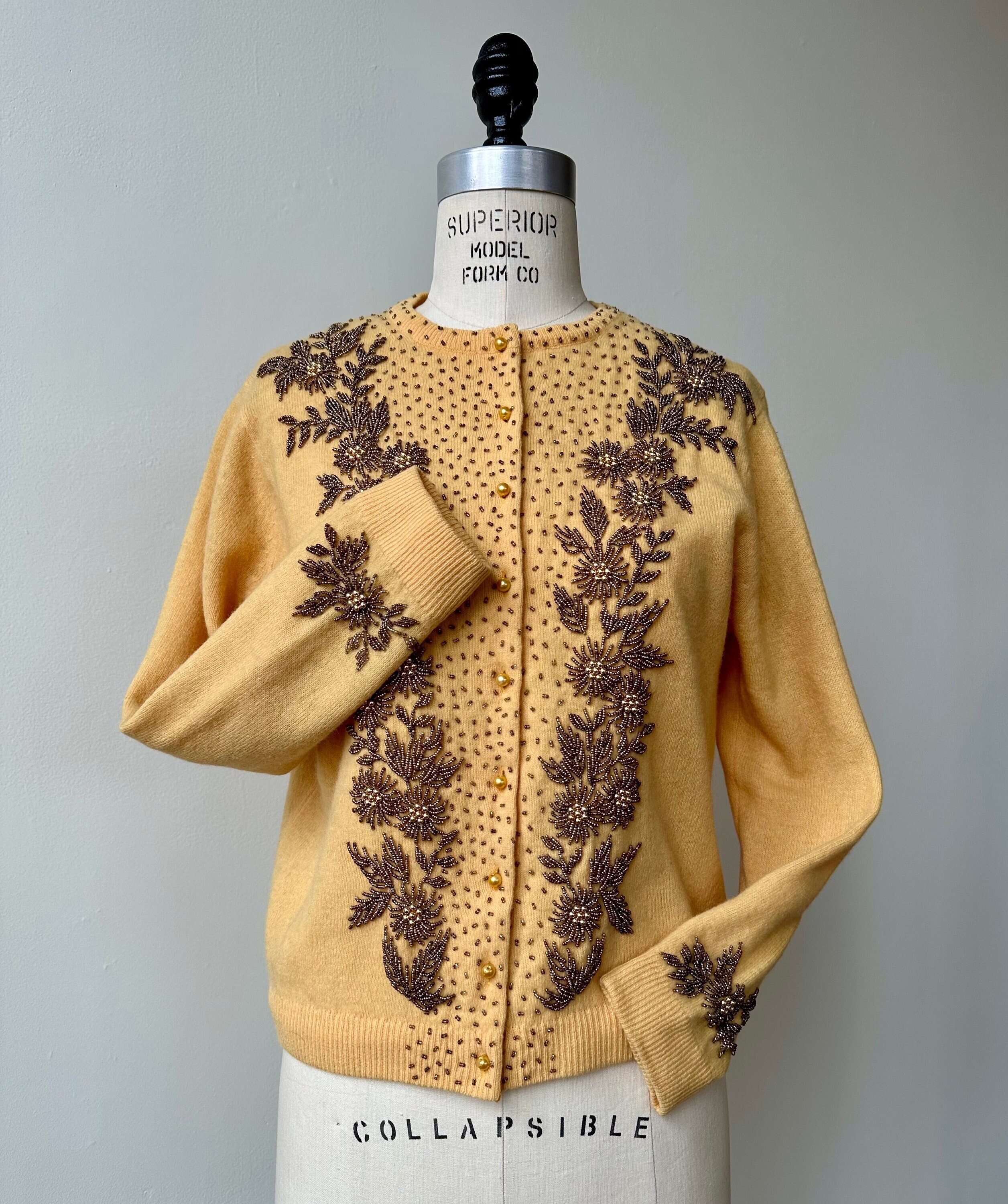 Vintage 1950s Beaded Yellow Wool Cardigan S
