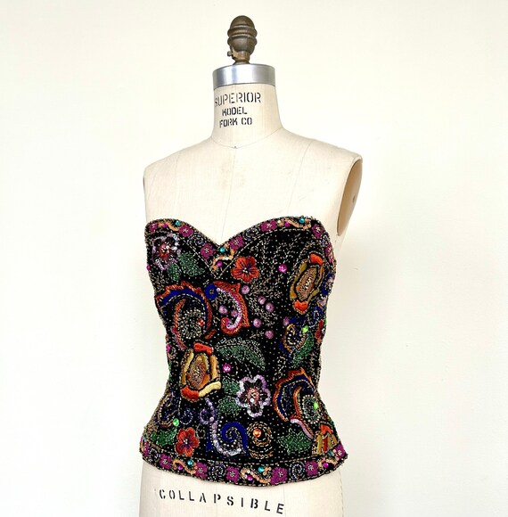 Vintage Oleg Cassini Silk Beaded and Embroidered Bustier Top