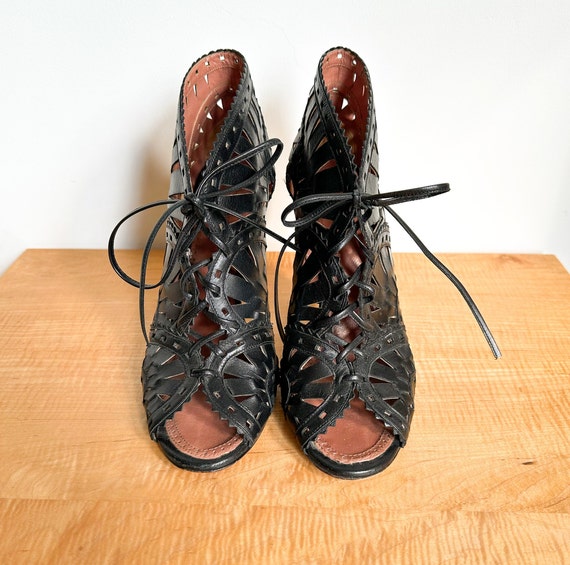 Alaia Lazer Cut Peep-Toe Lace Up Heels | Size 39 - image 3