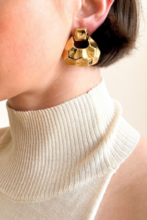 Vintage 1980s Gold Faceted Door Knocker Earrings
