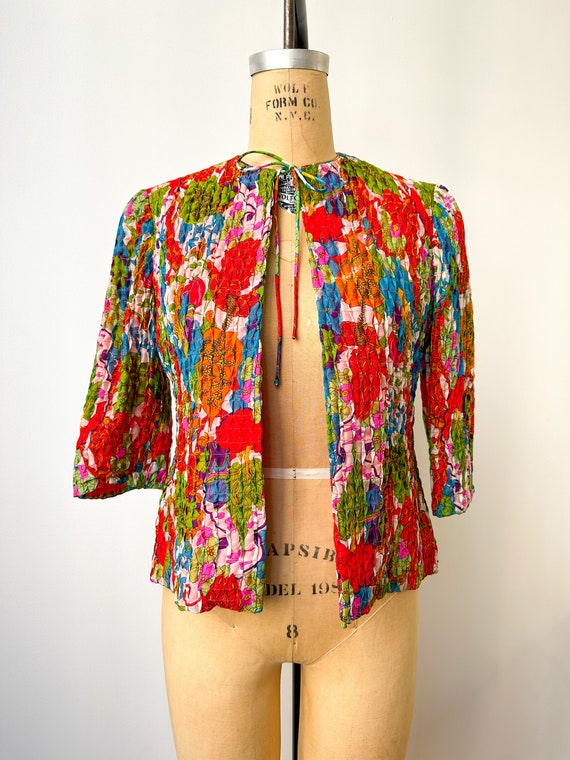 Vintage 1960s Floral Smocked Cotton Jacket Small Gem