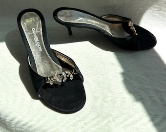 L'Autre Chose Black Satin Rhonestone Kitten Heels | Size 39