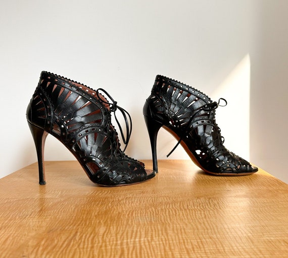 Alaia Lazer Cut Peep-Toe Lace Up Heels | Size 39 - image 1
