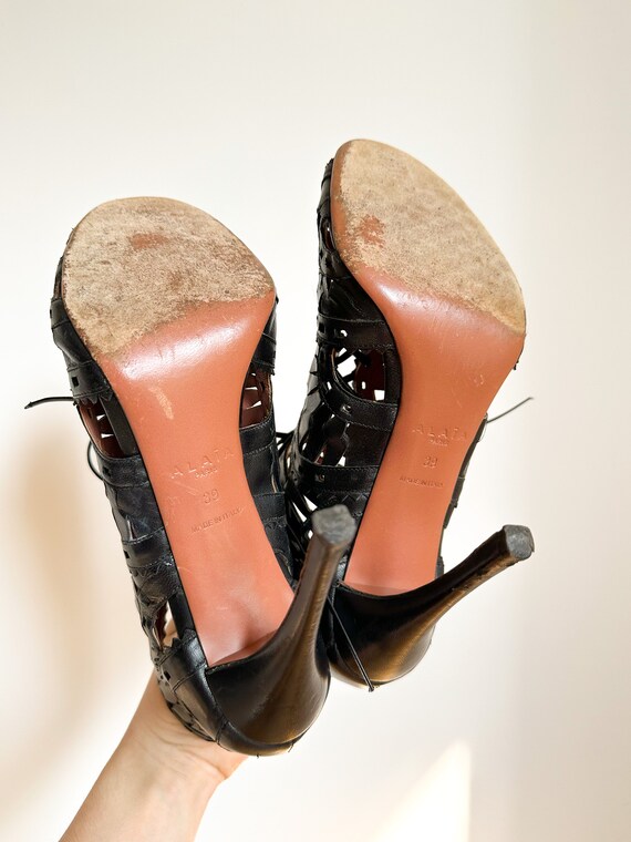 Alaia Lazer Cut Peep-Toe Lace Up Heels | Size 39 - image 6