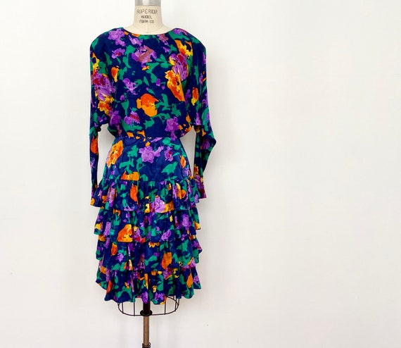80s Silk Floral Dress | Vintage Silk City Dress Si