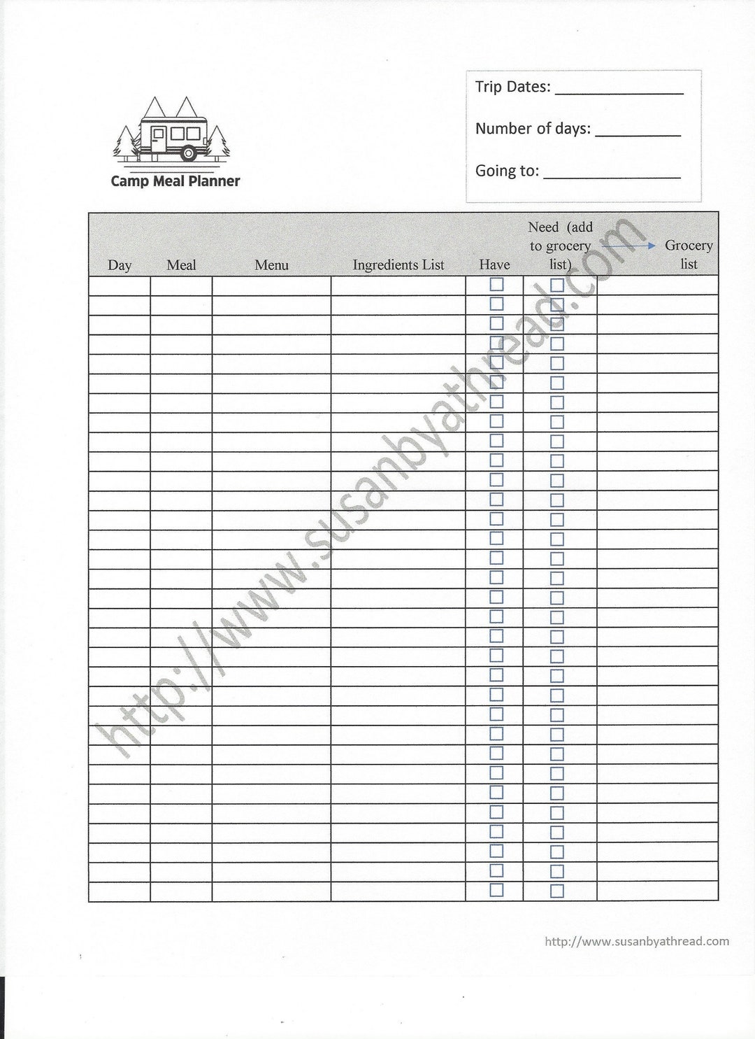 Printable RV Camping Meal Planner PDF - Etsy