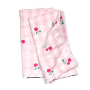 Cherries Dinner Napkins | Set of 2 | Pink Gingham Cloth Napkins with Cherry Print | Reusable Cotton Napkins for Table & Gift