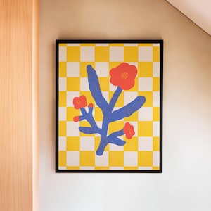 Rode bloemenkunstprint – met de hand geïllustreerde dambordbloem muurkunst – moderne botanische print voor kleurrijk huisdecor, kantoor of cadeau