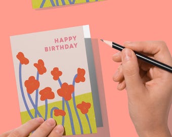 Tarjeta de feliz cumpleaños imprimible / Tarjeta digital floral / Flores rojas / Descarga instantánea / Sobre DIY incluido / Tamaño A2