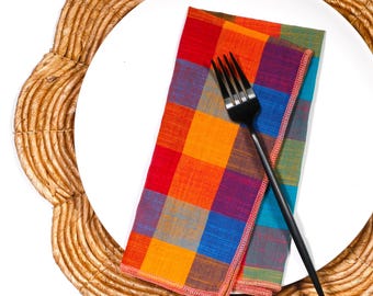 Servilletas de ensalada de frutas – Juego de 2 servilletas de tela coloridas, 3,8 cm, cuadros búfalo, servilletas reutilizables de algodón de retales. Regalo para anfitrionas.
