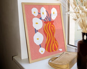 Op de afbeelding: Een ingelijst afdruk van een gestileerde illustratie van een vaas met witte bloemen op een roze achtergrond.