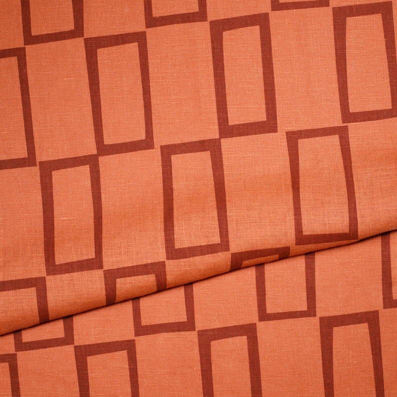 Hand-Printed Yardage: Windows in Salmon on 100% linen Medium-Weight Fabric by the Yard image 1