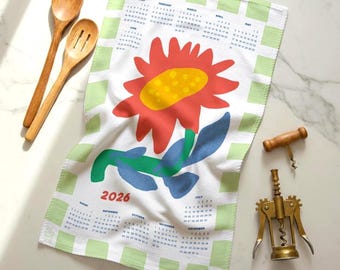Paño de cocina con calendario de girasoles 2026 / Paño de cocina de lino con estampado floral amarillo / Hecho en EE. UU. / Decoración de pared y regalo / Edición limitada