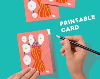 Tarjeta de arte imprimible / Ilustración de amapola Matilija / Tarjeta floral abstracta / Arte de jarrón rojo / Tarjeta de felicitación / Descarga instantánea en PDF / Barco de sauce