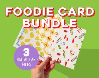 Paquete de tarjetas de felicitación de comida imprimibles / Arte de cocina con tomate, limón y tablero de ajedrez / Descargas digitales / Juego de tarjetas modernas y coloridas para amantes de la comida