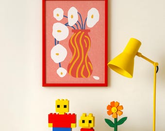 Impresión artística digital de amapola Matilija, arte floral moderno de pared con jarrón rojo, obra de arte digital de flores silvestres de California, fácil intercambio de decoración de temporada, actualización