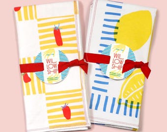 Paños de cocina con limón y tomate Roma – Sfusato Lemons & Roma Checkerboard – Decoración de cocina mediterránea, set de regalo gourmet, regalo con temática mediterránea