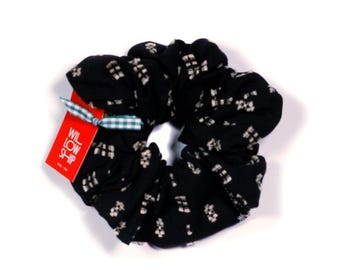 Zero-Waste Scrunchie: Folk Stitchwork Black and Cream Hair Accessory, Large Fabric Scrunchie, Minimalist Swiss Dots Gentle Hair Accessory