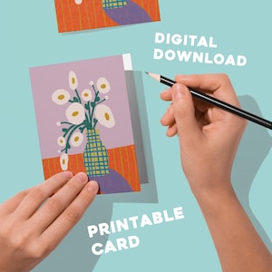 Printable Greeting Card | Digital Floral Card | Whimsical Modern Design | White Flower Art | Instant Download | A2 Size with Envelope File