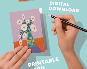 Tarjeta de felicitación imprimible / Tarjeta floral digital / Diseño moderno y caprichoso / Arte floral blanco / Descarga instantánea / Tamaño A2 con archivo de sobre