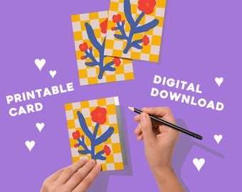 Tarjeta de felicitación floral imprimible / Arte moderno de flores rojas / Ilustración abstracta / Descarga instantánea / Para cualquier ocasión / Tarjeta DIY en PDF