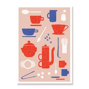 Greeting cards featuring hand-drawn silhouettes of coffee and tea equipment: carafes, tea strainer, espresso cups, matcha whisk, honey dipper and sugar cube tongs. A card for coffee and tea lovers.
