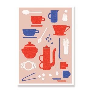 May include: A print featuring coffee and tea-related items in red, blue, and white on a pink background. The illustration includes cups, a teapot, a coffee filter, a sugar bowl, and a tea bag.