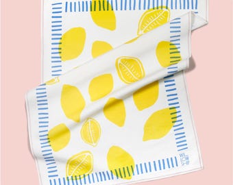 Paño de cocina de lino y algodón con ilustraciones de limones de Sfusato, paño de cocina con motivos cítricos, paño de cocina amarillo, regalo de inauguración de la casa, decoración de cocina
