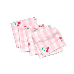 Kirschen Cocktail-Servietten | 4er-Set | Rosa Vichy-Karo-Stoffservietten mit Kirschblüten-Druck | Kleine Baumwoll-Servietten für Bar & Tisch