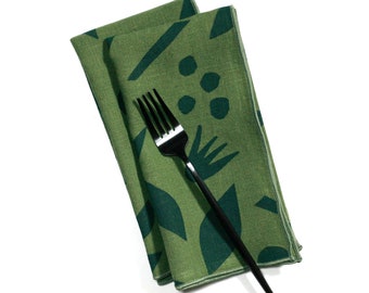 Decon Floral in Forest Green Hand-Printed Linen Dinner Napkins - Make your table shine with these unique dinner napkins