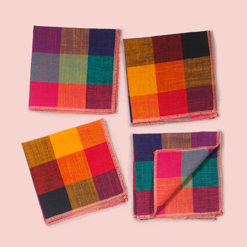 Jewel Tone Buffalo Check Cloth Cocktail Napkins – Vibrant Plaid Reusable Party Linens. Housewarming Gift idea, cocktail party idea