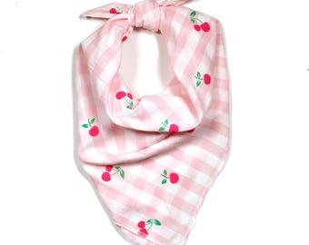 Cherries Bandana | Pink Gingham Bandana with Cherry Print | Cotton Bandana for Hair, Neck, Pets, Gifts | Summer Accessories