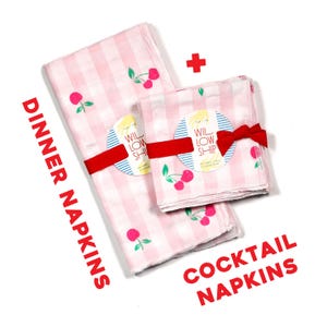 Cherries Napkin Bundle for 4 | Dinner Napkins & Cocktail Napkins Gift Set | Pink Gingham Cloth Napkins with Cherry Print | Cotton Napkin Set