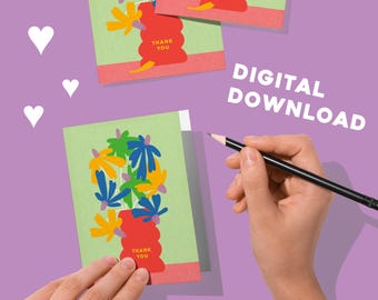 Tarjeta de agradecimiento imprimible / Jarrón moderno y flores silvestres / Arte abstracto inspirado en RISO / Saludo digital DIY / Diseño floral llamativo / Willow Ship